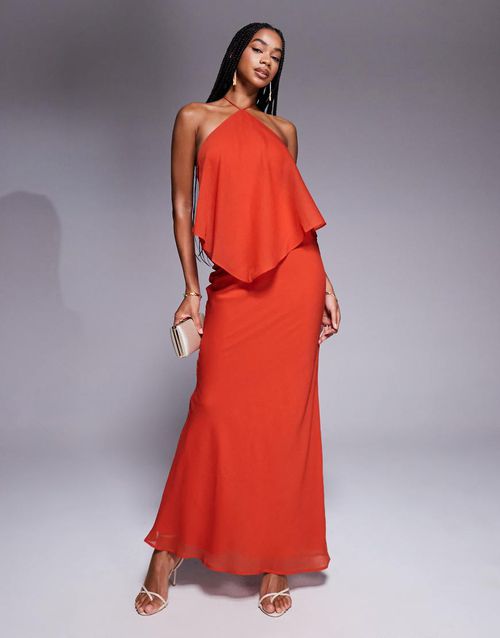 Double layer halter bias cut maxi dress in rust-Red