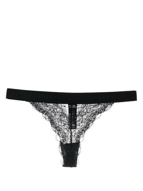 Lace-detail logo-waistband thong - Black