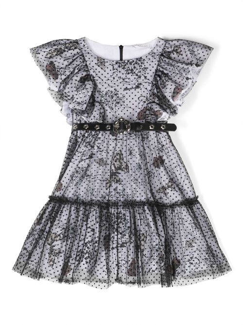 Botanical-print ruffled tulle dress - White