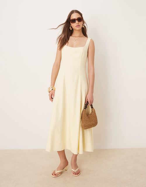 Ever New linen blend contrast stitch midaxi dress in lemon-Yellow
