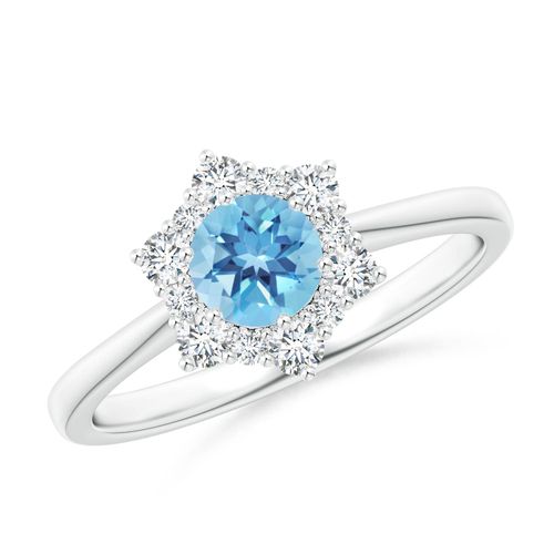 Angara 0.6 Carat Swiss Blue Topaz and Diamond Floral Halo Engagement Ring in Platinum