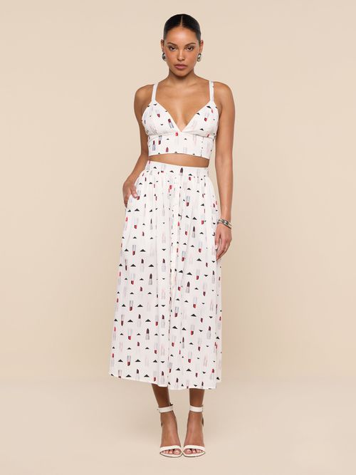 Seina Poplin Midi Skirt In Ivory Multi Lipstick Geo