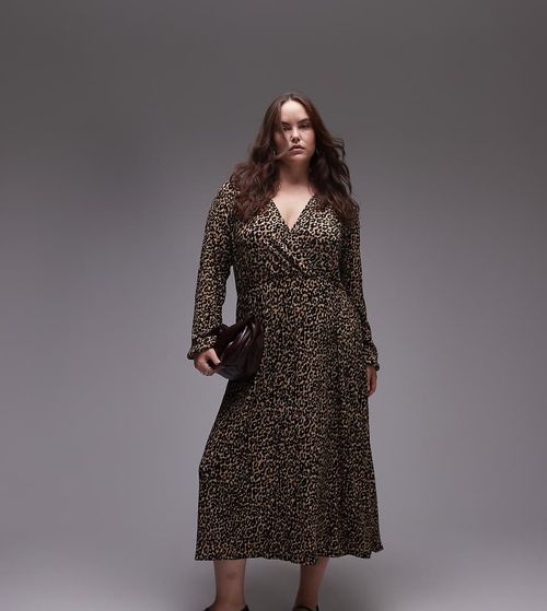 Curve leopard print midi dress in brown