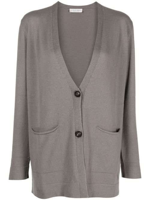 V-neck fine-ribbed cardigan - Grey