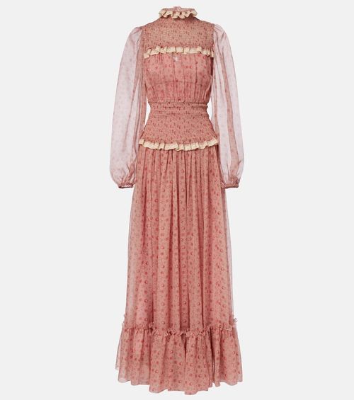 Floral smocked silk and cotton chiffon gown