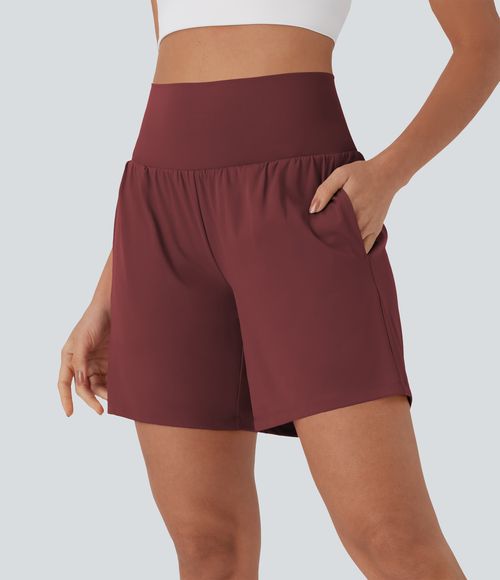 "Softlyzero™ Airy Super High Waisted 2-in-1 Cool Touch Yoga Shorts 7"" with Pockets Gym Short - Madder Brown