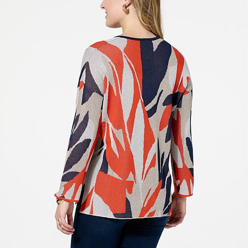WynneCollection Jacquard Patterned Knit V-Neck Sweater - Gray Mist/Sand Combo