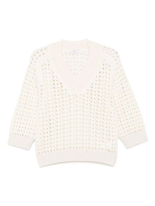 V-neck open-knit sweater - White