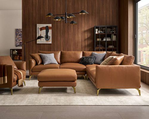 Lena Leather L-Shape Sectional Sofa with Ottoman, Cocoa American Top Grain Leather, Brass Leg