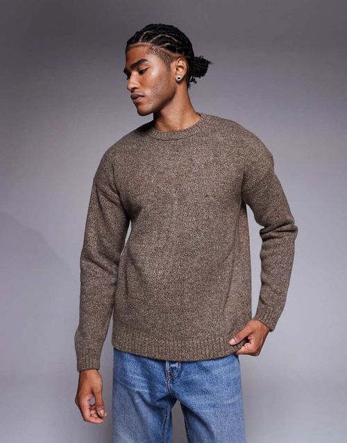 Relaxed knitted crew neck jumper in brown marl