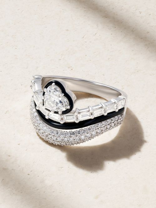Heart 18-karat White Gold, Diamond And Enamel Ring - Silver