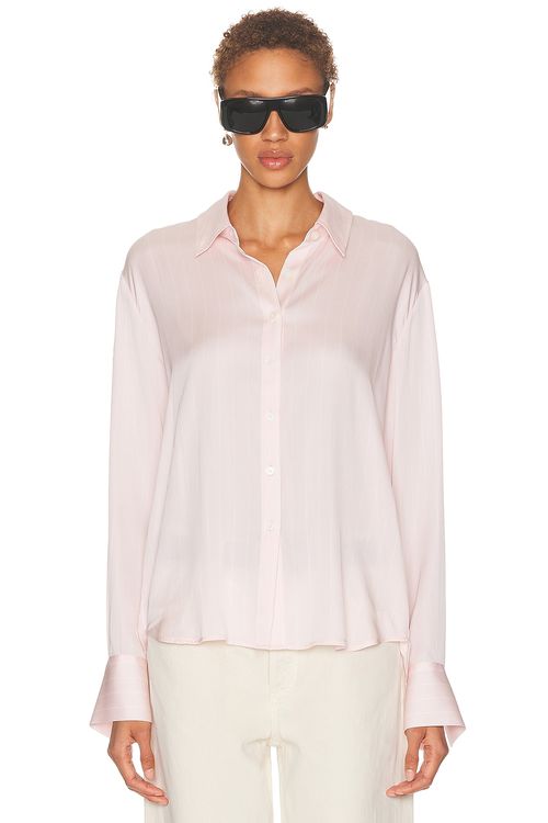 SRG Odette Silk Button Down Shirt in Blush & White Stripe - Blush,White. XL also in