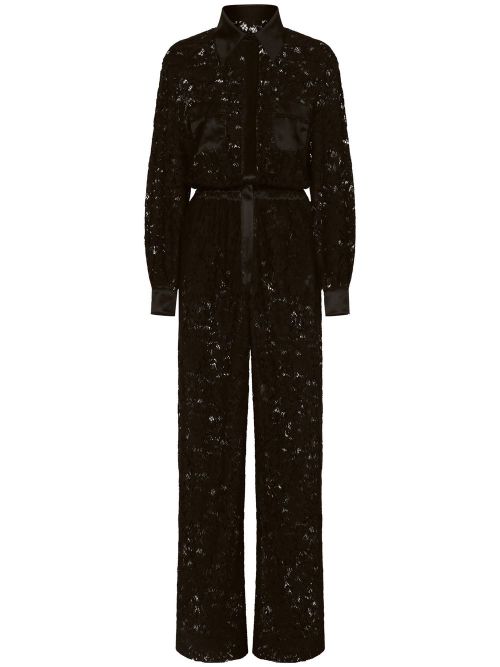 Lace-Trim Long-Sleeve Jumpsuit — Black