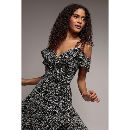 Goddiva Spaghetti Strap Polka Dot Wrap Midi Dress - Black White