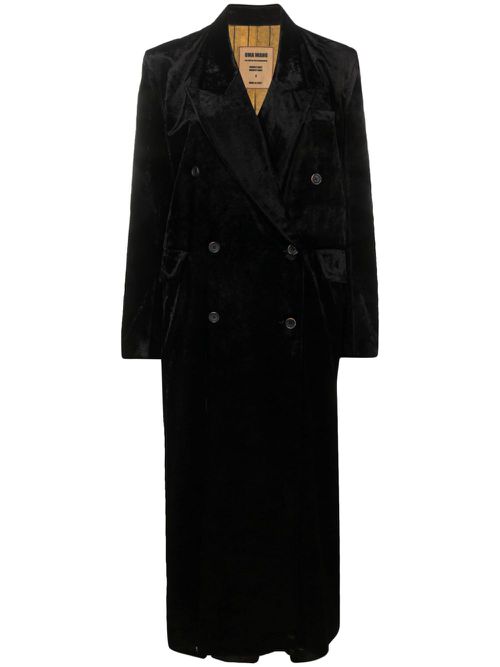 Velvet-effect double-breasted coat - Black
