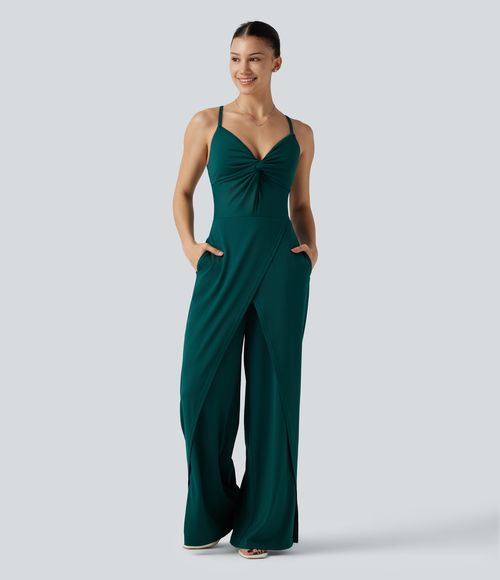 Wrap Split Hem Built-in Bra Casual Slip Baggy Jumpsuit with Pockets-Easy Peezy  - Rain Forest