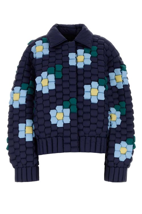 Quilted Nylon with Colorblock Pattern Down Jacket — Navy