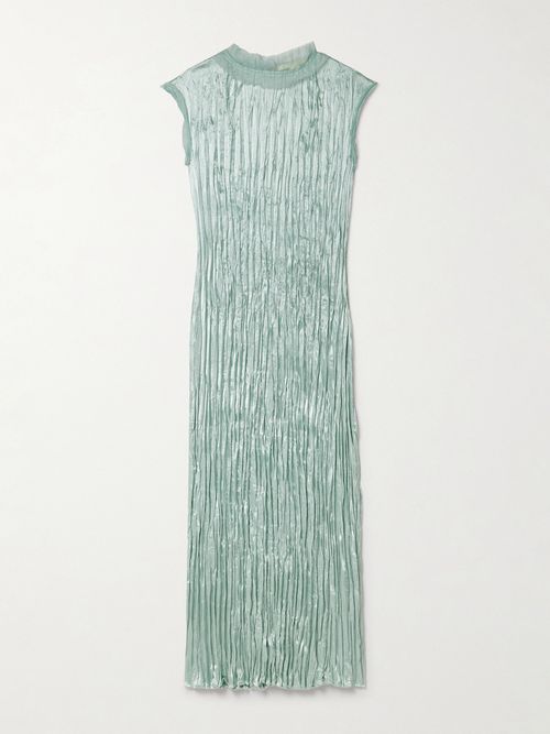 Organza-trimmed Plissé Hammered-satin Midi Dress - Blue