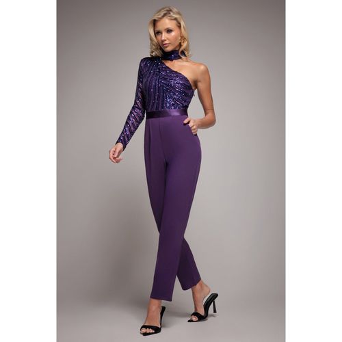 Goddiva One Shoulder Sequin Romper - Purple