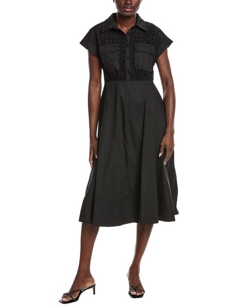 Eyelet And Solid Fabric Belt Dress