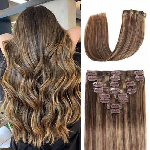 Clip In Hair Extensions Real Human Hair, Remy Human Hair Extensions Clip Ins For Women, Natural Human Hair, 20inch 95g 8Pcs, 4/27 Balayage Chocolate B