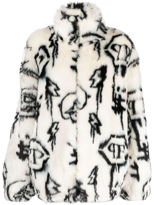 Monogram-print faux fur coat - White
