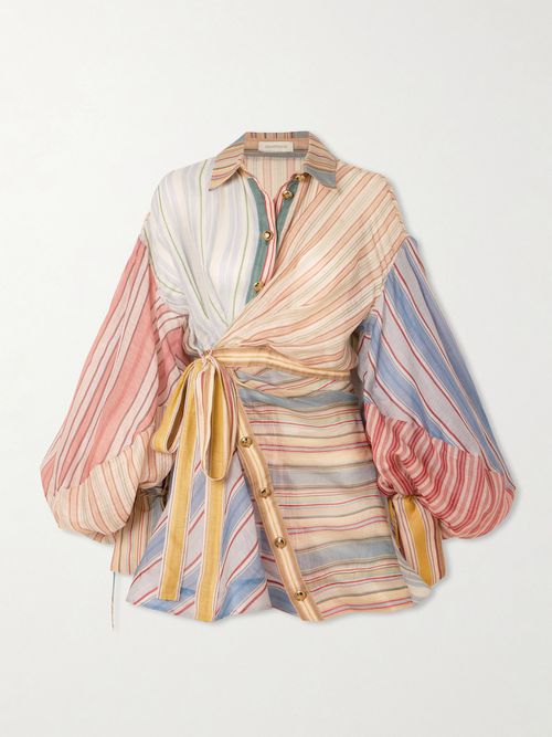 Rebellion Patchwork Striped Linen And Silk-blend Voile Mini Wrap Dress - Multi