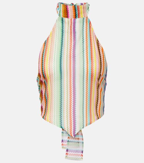 Striped halterneck cotton and silk top