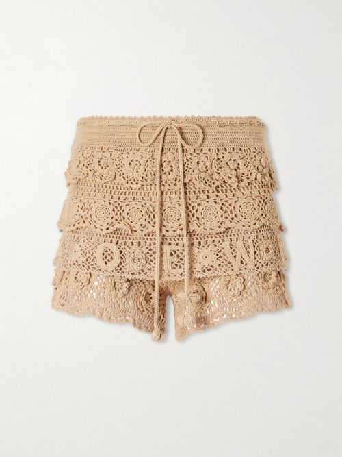 Ruffled Drawstring Cotton Crocheted-knit Shorts - Neutrals