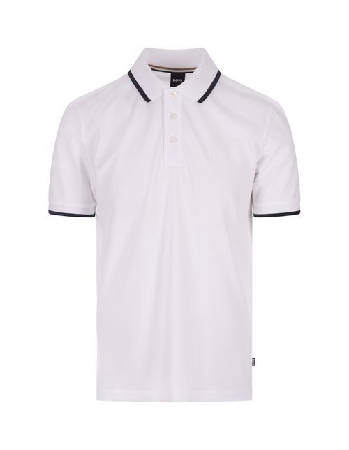 White Slim Fit Polo Shirt With Striped Collar