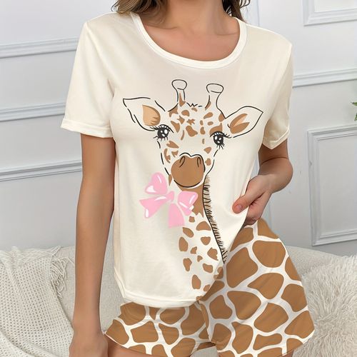 TEMU Women's Giraffe Print Pajama Set - Soft Polyester Short Sleeve Top & Shorts With Pink Bow Detail, Round Neck, Lightweight Summer Sleepwear For