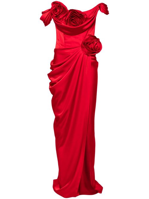 Floral-appliqué satin gown - Red
