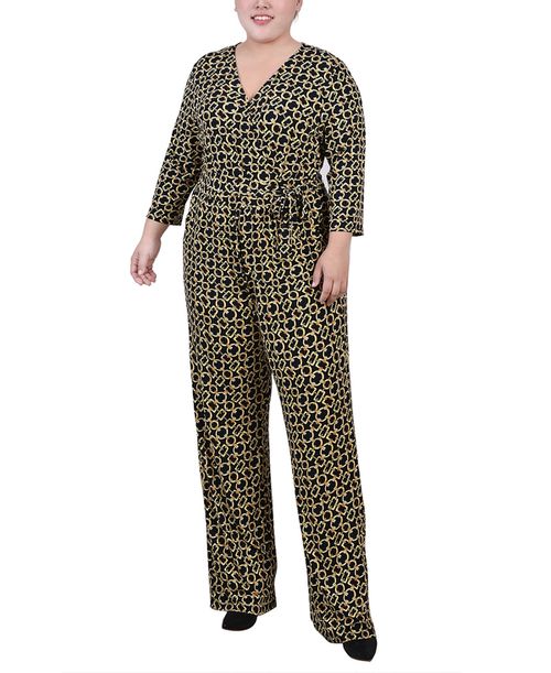 Plus Size 3/4 Sleeve Belted Jumpsuit - Black Gold Chain Link