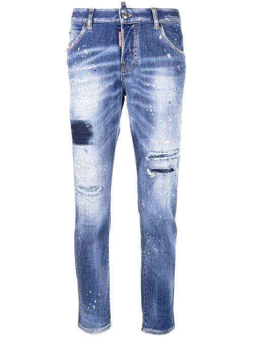 Low-rise distressed cropped jeans - Blue