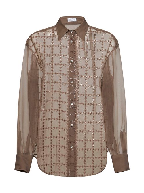 Silk Georgette Sequin-Embroidered Shirt — Brown