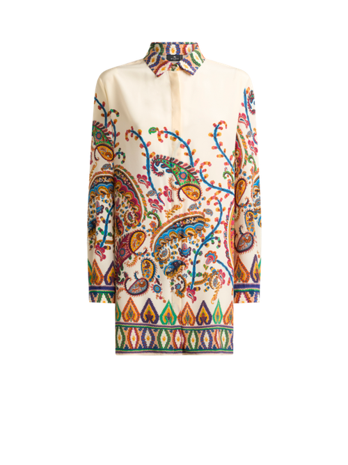 Long Silk Shirt With Placed Floral Paisley Print