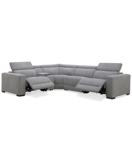Nevio 5-Pc. Fabric Power Headrest L-Shape Sectional and Console with 2 Power Motion Chairs - Mineral