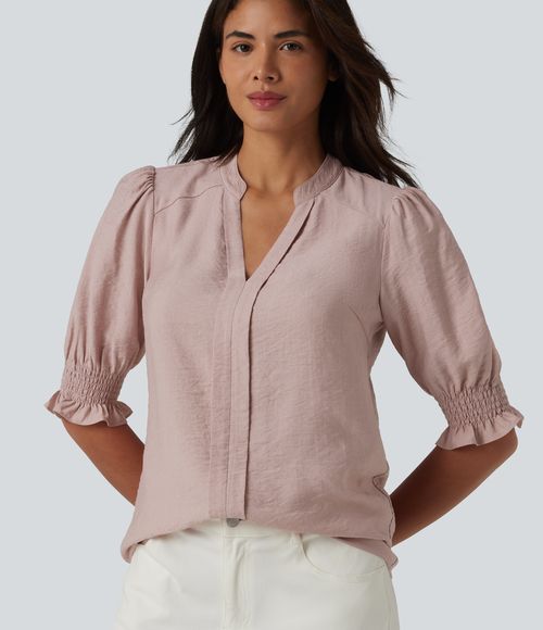 V Neck Puff Short Sleeve Casual Blouse  - Shadow Gray