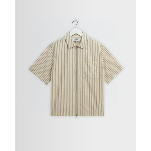 Sears - Natural and Navy Stripe Seersucker Zip Short-Sleeve Shirt