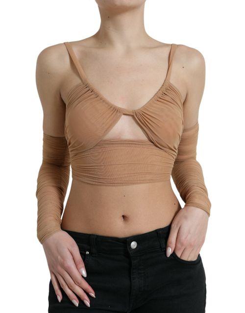 Ruched Open-Shoulder Nylon Tank Top — Brown