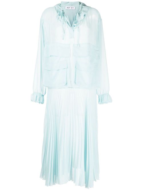 Pleated long-sleeve organza dress - Blue