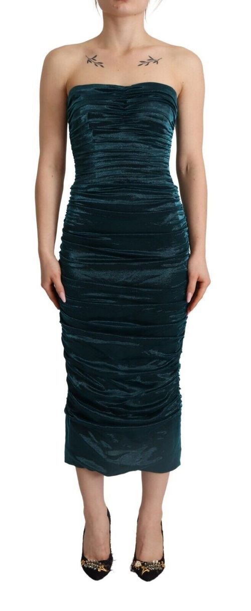 Bustier Bodice Draped Silk Midi Dress — Turquoise