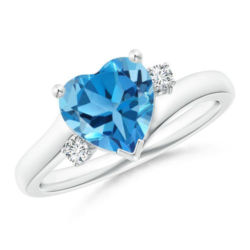 Angara 2.1 Carats Solitaire Heart Swiss Blue Topaz Bypass Ring with Diamonds in Platinum
