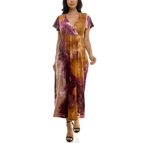 Women's Nina Leonard Tie Dye Print Flutter Sleeve V-Neck Maxi Dress, : , Wine Rust Green