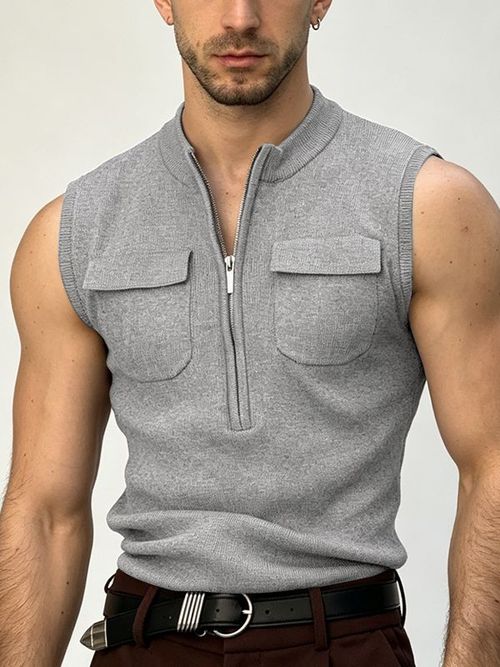 Men's Vintage Casual Half-Zip Knit Fitted Muscle Cargo Tank SKUL69703 - Gray / S