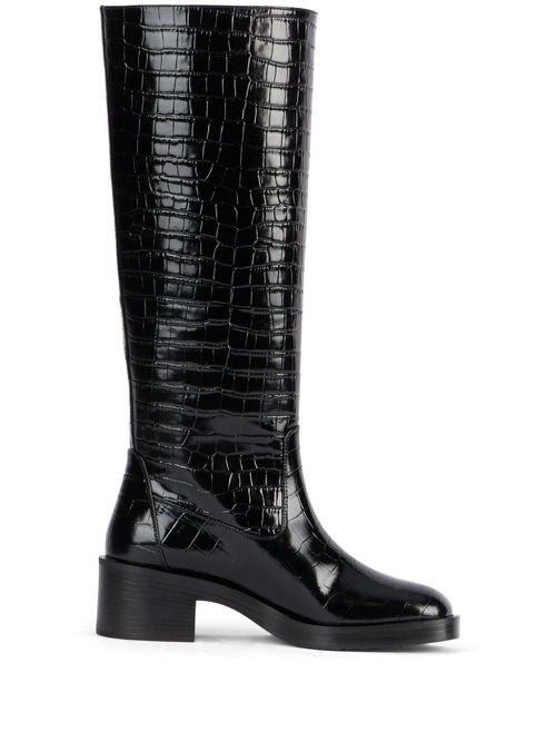 Crocodile-embossed leather boots - Black