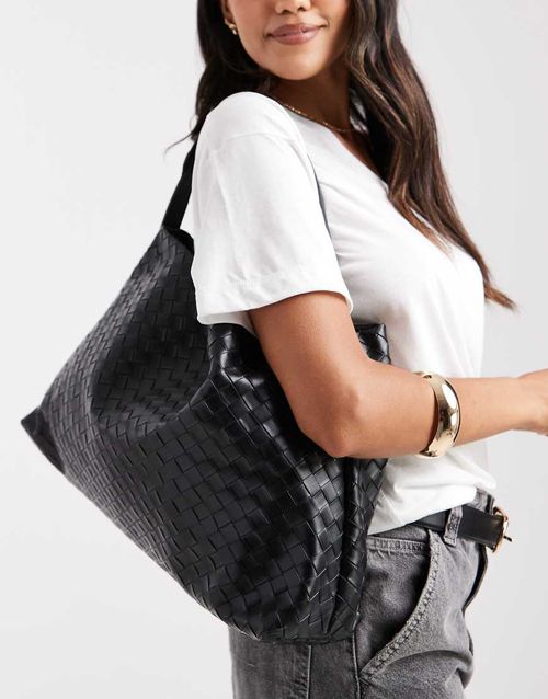 Oversized woven shoulder bag in black