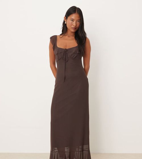 ASOS DESIGN Petite frill front and straps midi dress in brown