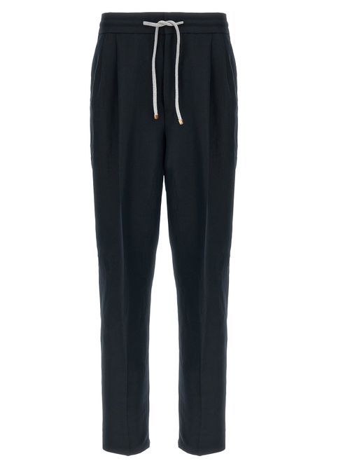 Linen-Cotton Blend Trousers — Navy