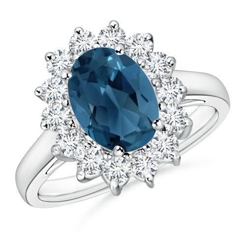 Angara 2.25 Carats Princess Diana Inspired London Blue Topaz Ring with Halo in Platinum